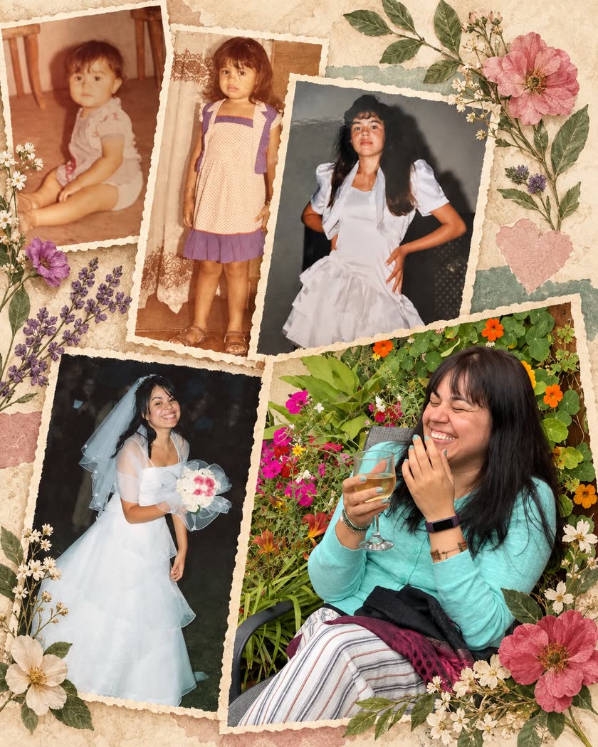 Five photographs of Daniela at different ages, from a baby to today, set among pressed flowers.